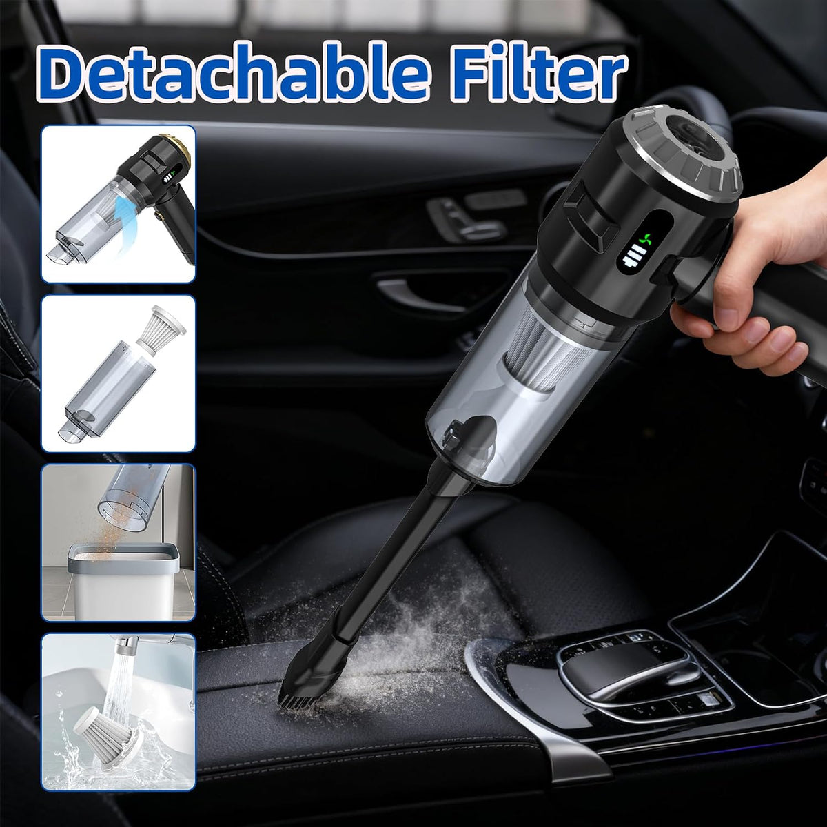 Handheld Car Vacuum Cleaner, 25000PA Strong Cyclonic Suction Portable Mini Vacuum Cordless with Digital Display Lightweight Handheld for Pet Hair, Car, Home, Office, Kitchen(Silver)