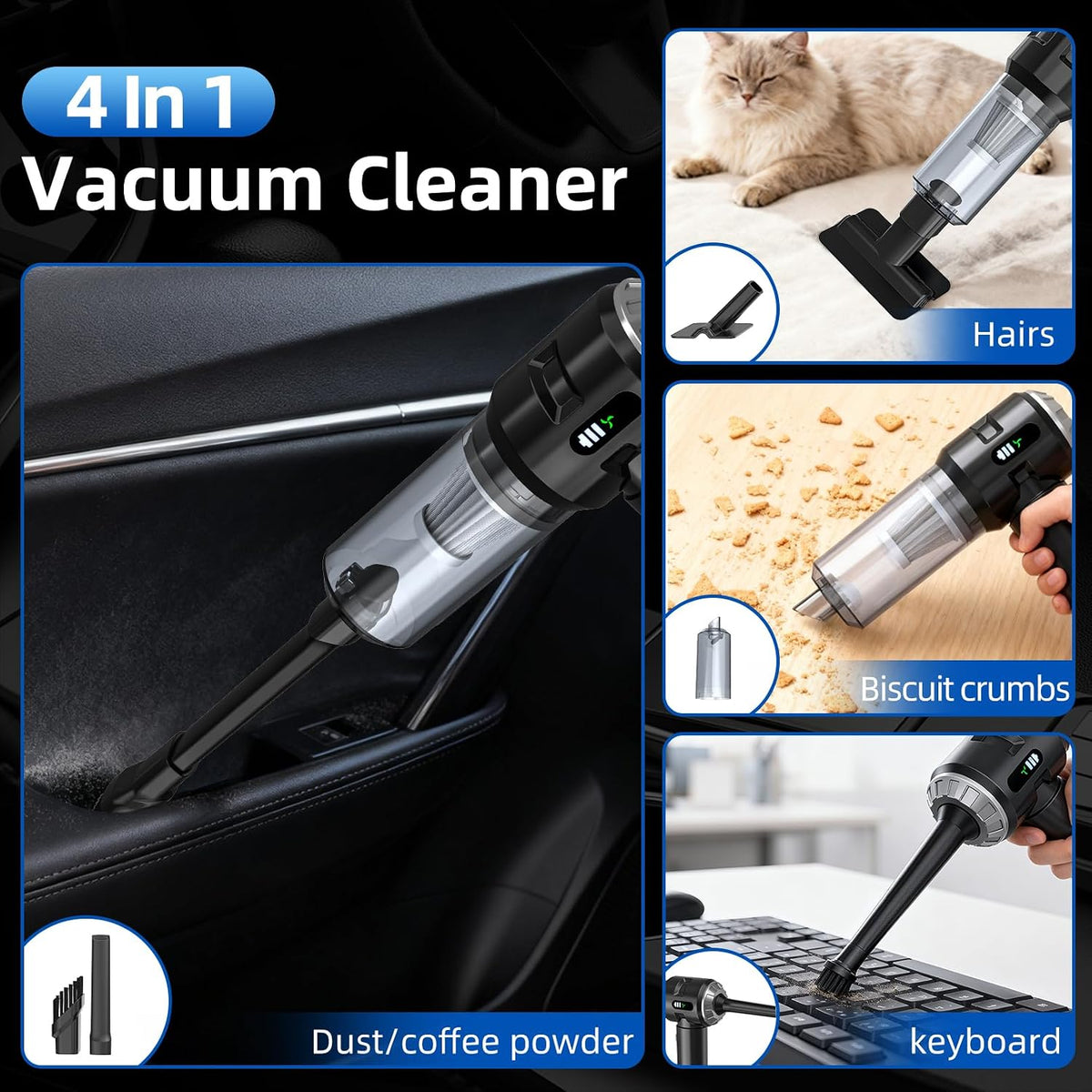Handheld Car Vacuum Cleaner, 25000PA Strong Cyclonic Suction Portable Mini Vacuum Cordless with Digital Display Lightweight Handheld for Pet Hair, Car, Home, Office, Kitchen(Silver)